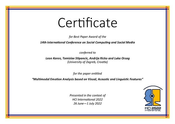 Certificate for best paper award of the 14th International Conference on Social Computing and Social Media. Details in text following the image