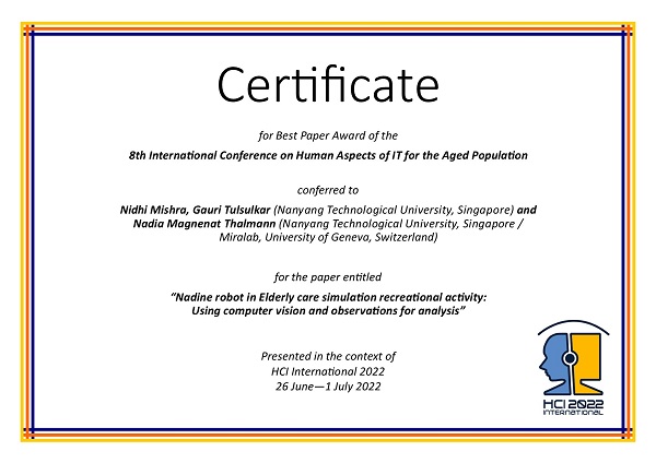 Certificate for best paper award of the 8th International Conference on Human Aspects of IT for the Aged Population. Details in text following the image