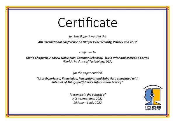 Certificate for best paper award of the 4th International Conference on HCI for Cybersecurity, Privacy and Trust. Details in text following the image
