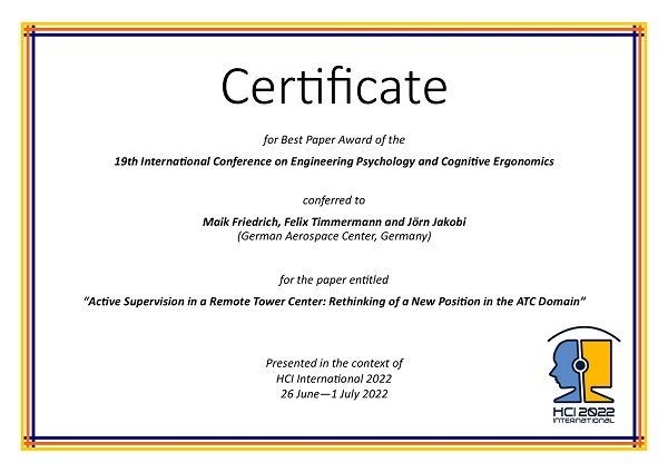 Certificate for best paper award of the 19th International Conference on Engineering Psychology and Cognitive Ergonomics. Details in text following the image