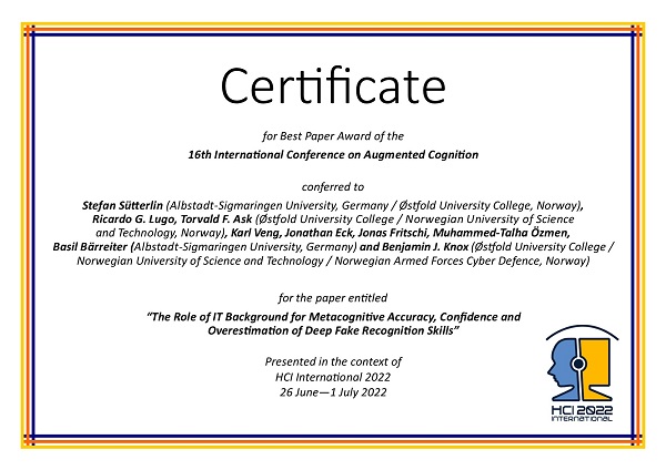 Certificate for best paper award of the 16th International Conference on Augmented Cognition. Details in text following the image