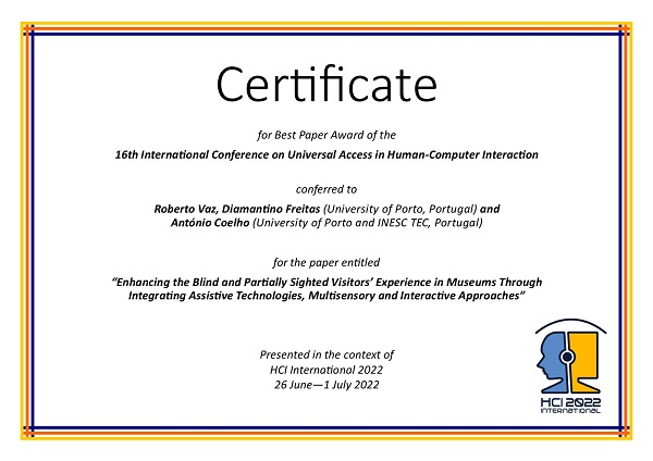 Certificate for best paper award of the 16th International Conference on Universal Access in Human-Computer Interaction. Details in text following the image