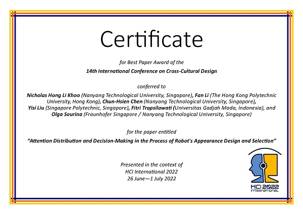 Certificate for best paper award of the 14th International Conference on Cross-Cultural Design. Details in text following the image