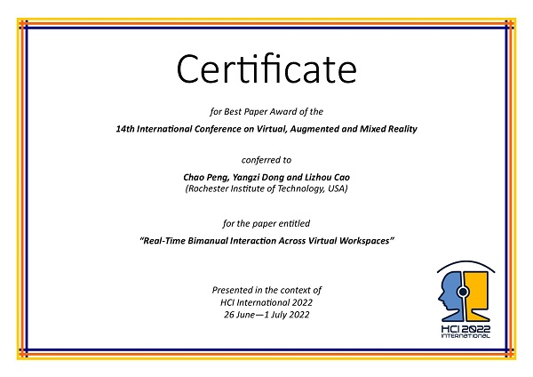Certificate for best paper award of the 14th International Conference on Virtual, Augmented and Mixed Reality. Details in text following the image