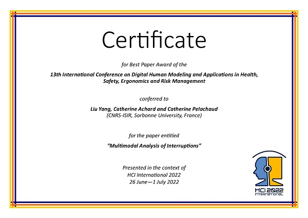 Certificate for best paper award of the 13th International Conference on Digital Human Modeling and Applications in Health, Safety, Ergonomics and Risk Management. Details in text following the image