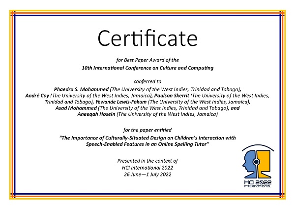 Certificate for best paper award of the 10th International Conference on Culture and Computing. Details in text following the image