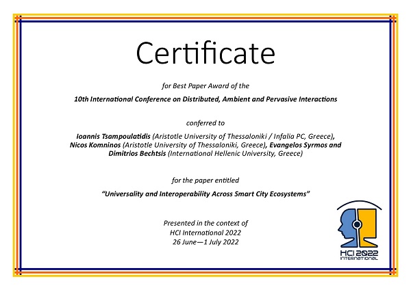 Certificate for best paper award of the 10th International Conference on Distributed, Ambient and Pervasive Interactions. Details in text following the image