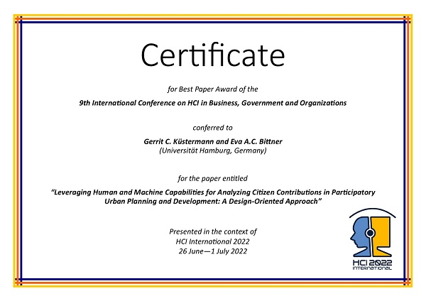 Certificate for best paper award of the 9th International Conference on HCI in Business, Government and Organizations. Details in text following the image