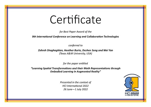 Certificate for best paper award of the 9th International Conference on Learning and Collaboration Technologies. Details in text following the image