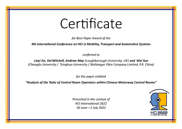 Certificate for best paper award of the 4th International Conference on Mobility, Transport and Automotive Systems. Details in text following the image