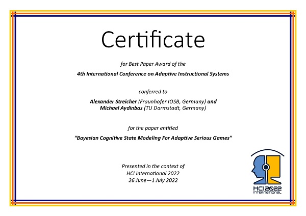 Certificate for best paper award of the 4th International Conference on Adaptive Instructional Systems. Details in text following the image