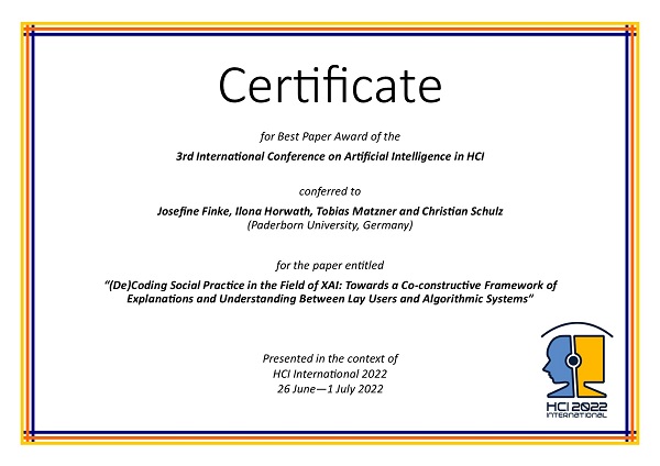 Certificate for best paper award of the 3rd International Conference on Artificial Intelligence in HCI. Details in text following the image