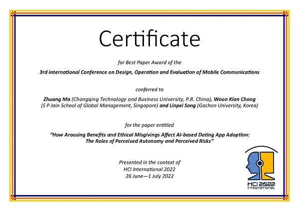 Certificate for best paper award of the 3rd International Conference on Design, Operation and Evaluation of Mobile Communications. Details in text following the image