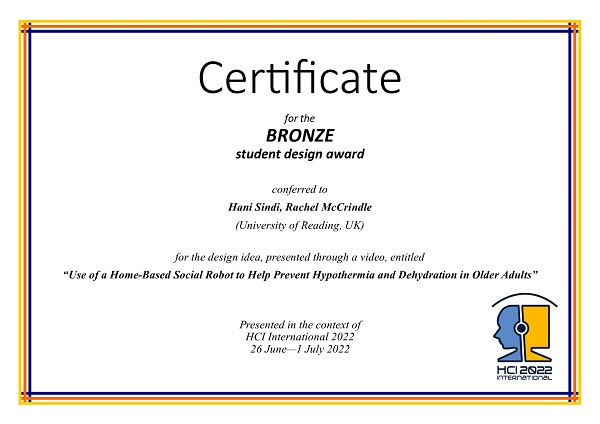 Certificate for the BRONZE student design award. Details in text following the image