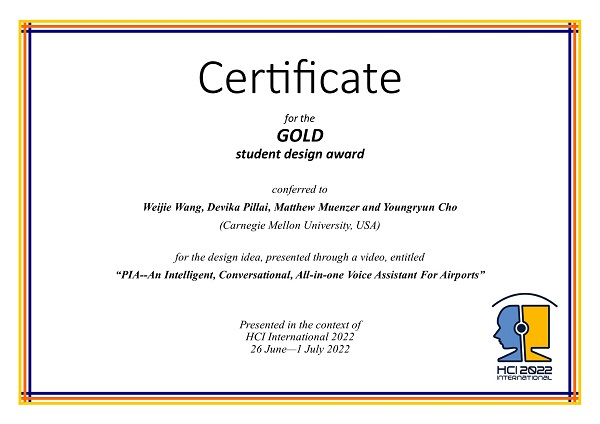 Certificate for the GOLD student design award. Details in text following the image
