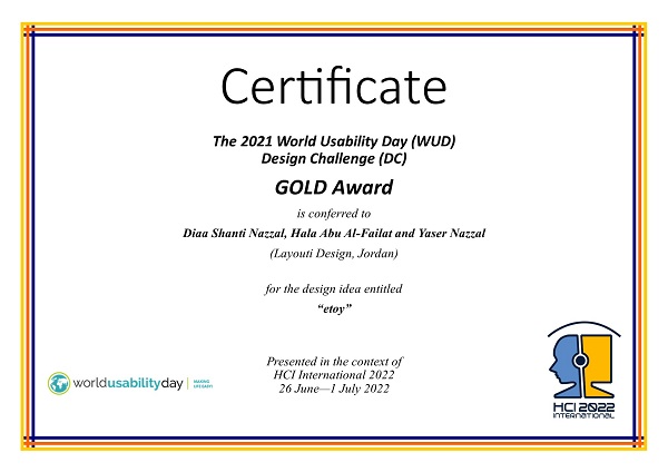 Certificate for the GOLD 2021 World Usability Day (WUD) Design Challenge (DC) award. Details in text following the image