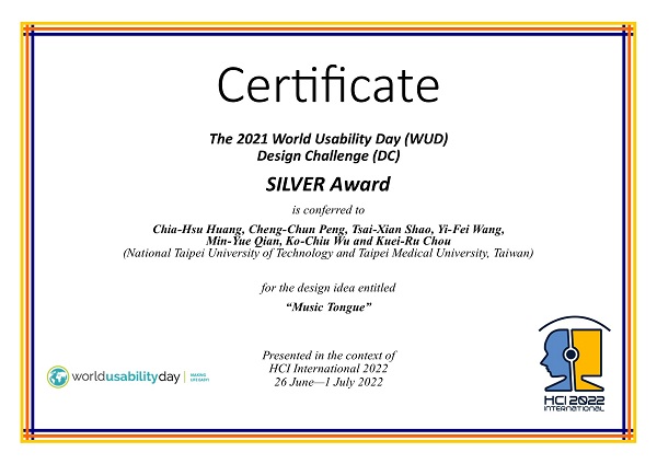 Certificate for the SILVER 2021 World Usability Day (WUD) Design Challenge (DC) award. Details in text following the image